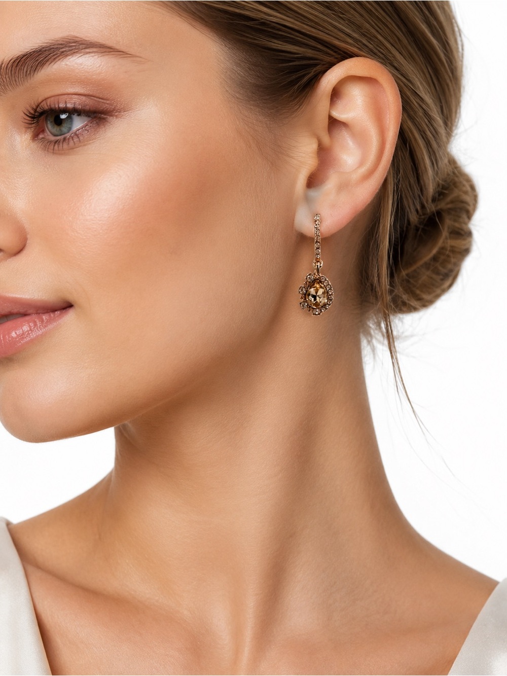 Marchesa Rose Gold Crystal Teardrop Drop Earrings – Champagne Stone Rhinestone